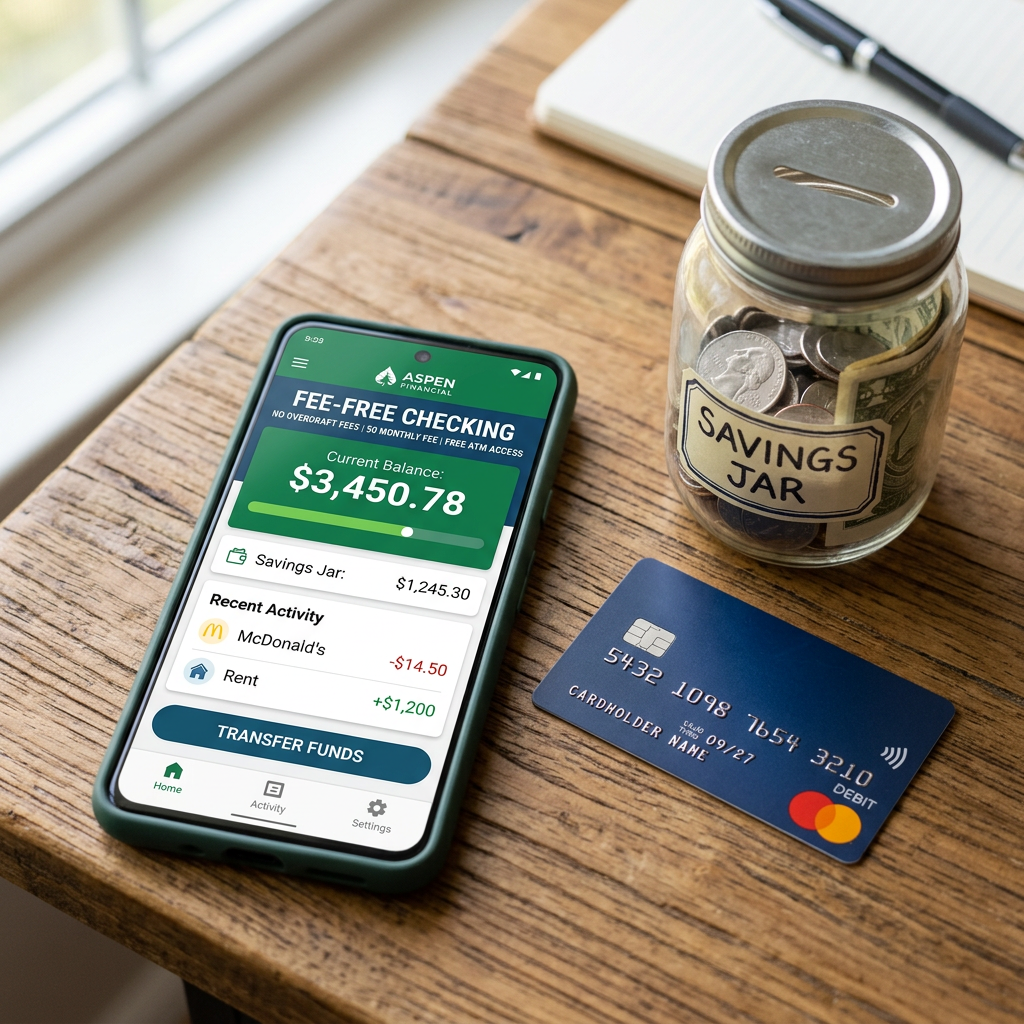 Aspen Financial fee-free checking app showing $3,450.78 balance, savings jar, debit card, and notebook