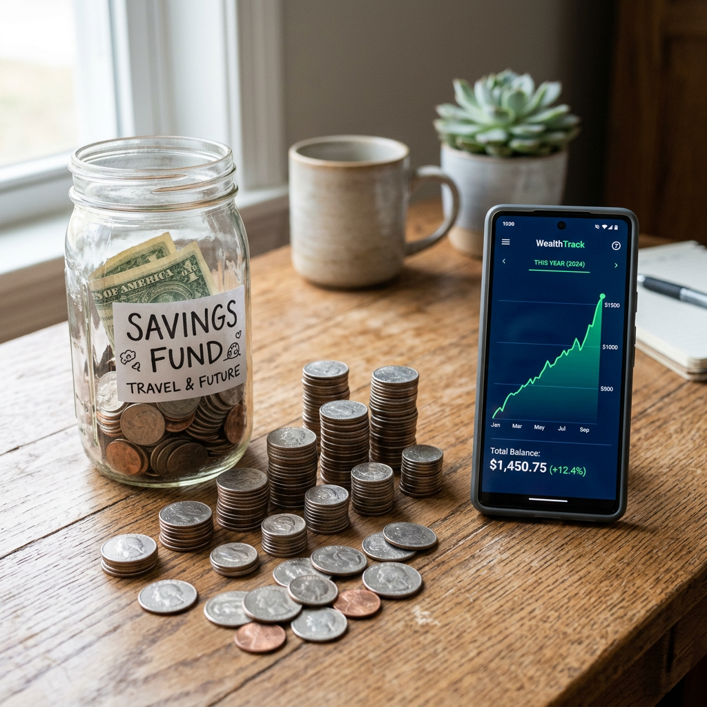 Glass savings jar, arranged coins, smartphone with upward graph