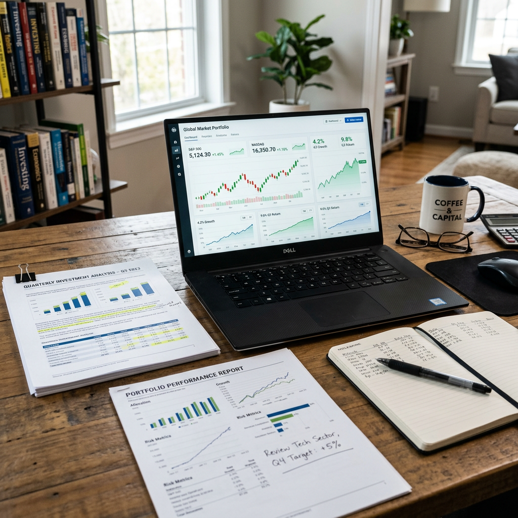 Laptop showing investment charts beside portfolio reports and financial notes