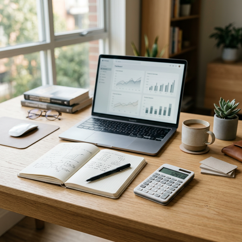 Laptop displaying data charts beside notes, calculator, coffee, and plants
