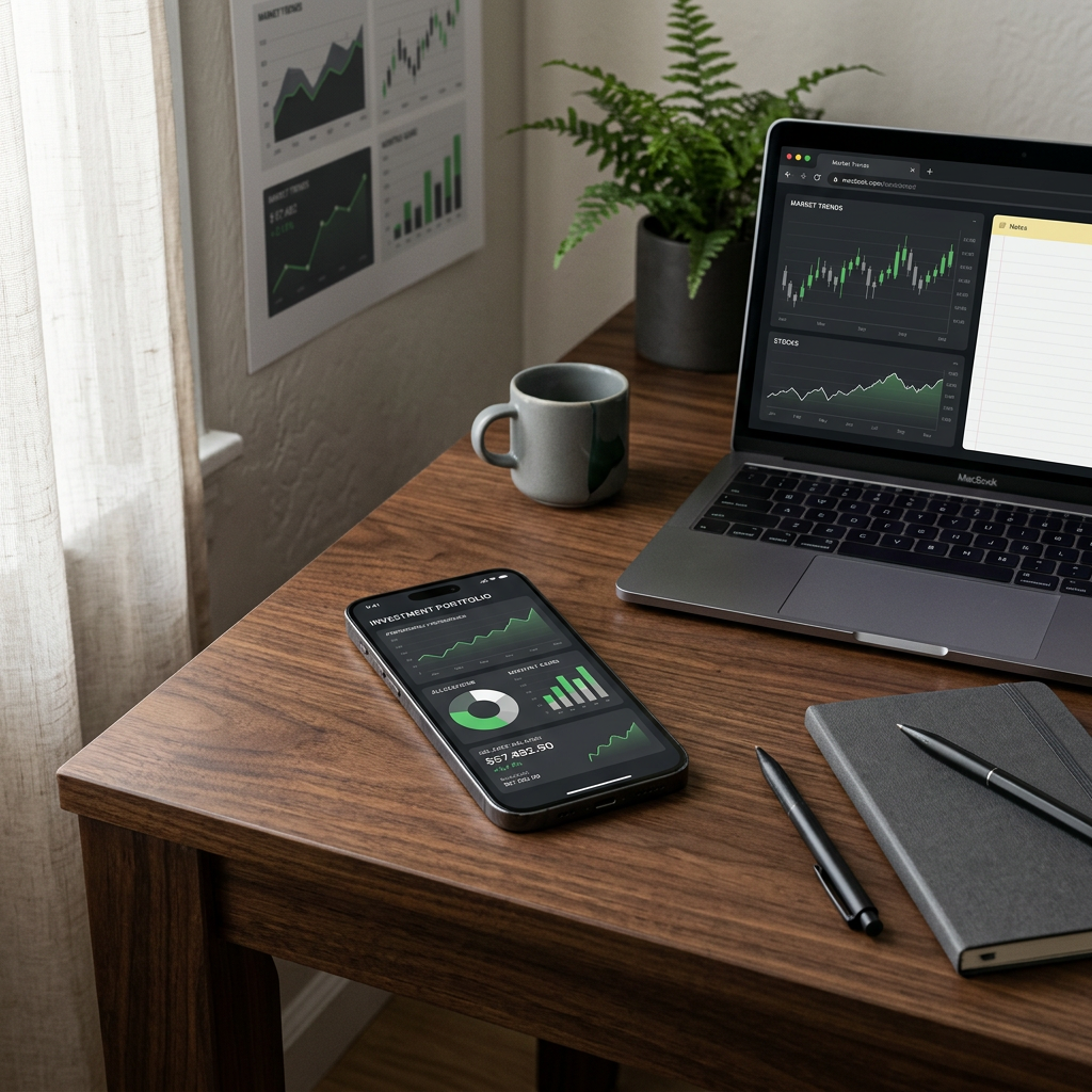Laptop and smartphone displaying investment portfolio charts on a wooden desk